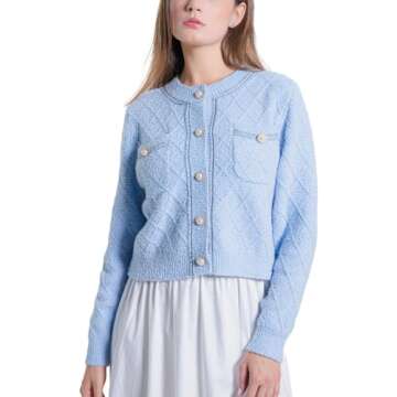 URBAN REVIVO Women's Knit Cardigan Sweaters Casual Long Sleeve Open Front Button Down Cropped Jackets Blue XX-Large