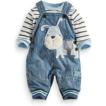 Cute Toddler Boys Striped T-Shirt & Denim Overalls Set