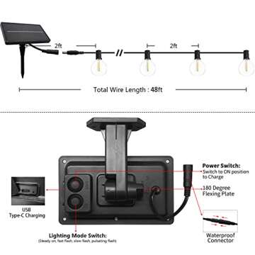 SUNTHIN Solar String Lights, 48ft Solar Patio Lights with 24 Shatterproof G40 LED Bulbs, Waterproof Solar Powered Outdoor Lights for Backyard, Garden, Deck, Porch, Pergola, Camping, Party