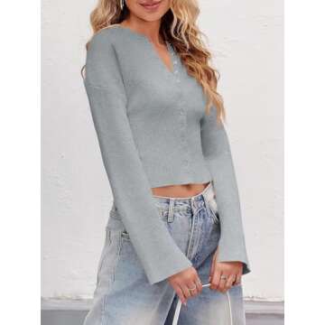 Saodimallsu Women's Stylish Cropped Sweater - V Neck & Ribbed Knit