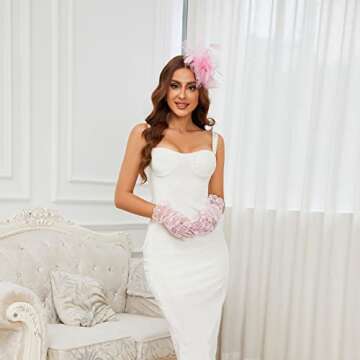 20s 50s Kentucky Derby Hats Fascinators for Women Tea Party Headwear with Veil Pearl Hat Feathers Clip Hat Short Lace Gloves