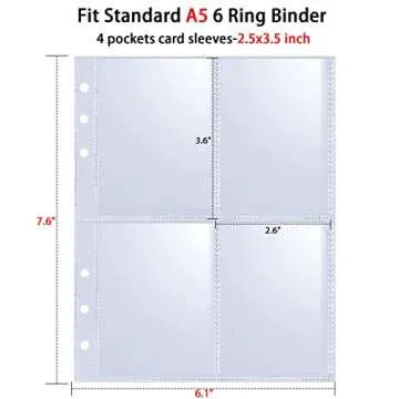 80 Pack 640 Pockets 6 Ring A5 Binder Sleeves,2.5x3.5 Inch Trading Card Sleeves,Double-Sided 4 Pocket Page Protector,Ultra-Clear Kpop Photocard Sheets,Card Sleeve Pages for Game Cards,Photocard
