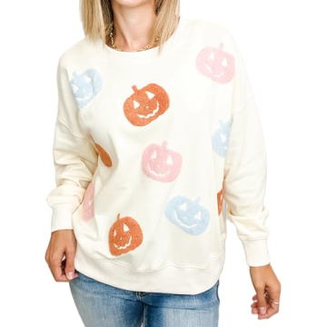 Yiulangde Women Halloween Pumpkin Sweatshirt Spooky Season Sequin Graphic Tops Oversized Crewneck Lo...