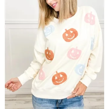 Yiulangde Women Halloween Pumpkin Sweatshirt Spooky Season Sequin Graphic Tops Oversized Crewneck Long Sleeve Sweater Clothes Beige