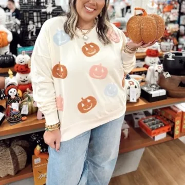 Yiulangde Women Halloween Pumpkin Sweatshirt Spooky Season Sequin Graphic Tops Oversized Crewneck Long Sleeve Sweater Clothes Beige