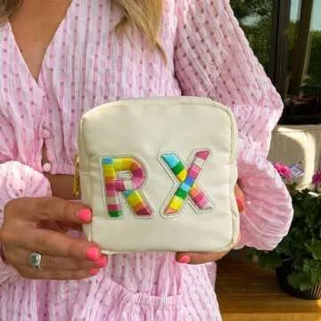uekeboag Personalized Small Nylon Rx Cosmetic Bag, Cute Chenille Letter Patch Medicine Drug Pouch with Zipper,Preppy Makeup Travel Vitamin Bag for Women and Girls（01Sand）