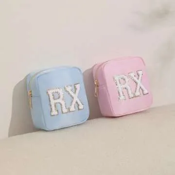 uekeboag Personalized Small Nylon Rx Cosmetic Bag, Cute Chenille Letter Patch Medicine Drug Pouch with Zipper,Preppy Makeup Travel Vitamin Bag for Women and Girls（01Sand）
