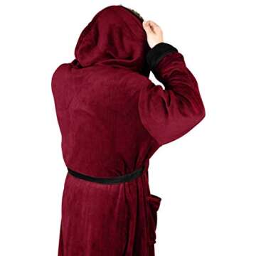 NY Threads Mens Hooded Fleece Bathrobe Plush Long Spa Robe, XX-Large-3X-Large, Burgundy Black