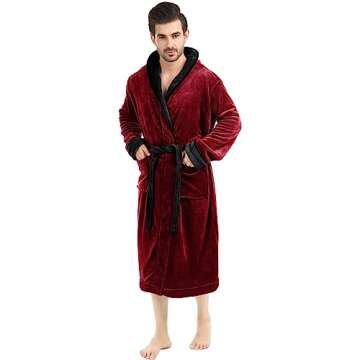 NY Threads Mens Hooded Fleece Bathrobe Plush Long Spa Robe, XX-Large-3X-Large, Burgundy Black