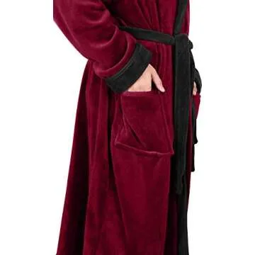 NY Threads Mens Hooded Fleece Bathrobe Plush Long Spa Robe, XX-Large-3X-Large, Burgundy Black