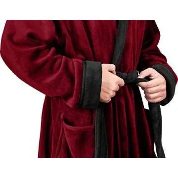 NY Threads Mens Hooded Fleece Bathrobe Plush Long Spa Robe, XX-Large-3X-Large, Burgundy Black