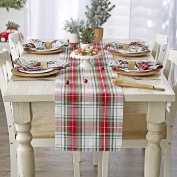 DII Tartan Plaid Holiday Dining Table Runner, 14x108, Red, Green & White
