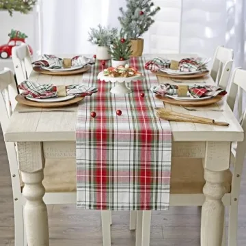 DII Tartan Plaid Holiday Dining Table Runner, 14x108, Red, Green & White