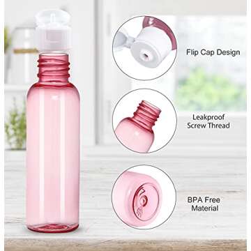 CRTWDMAN 120 Pack 2 Ounce/60ml Plastic Empty Bottles with Flip Cap, Refillable Cosmetic Bottles, Air Flight Travel Bottles for Shampoo, Liquid Body Soap, Toner, Lotion, Cream - Pink