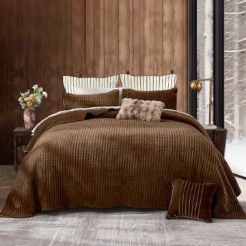 SHALALA Velvet Quilt King Size,Vertical Striped Bedding Set,Lightweight Velvet Comforter,Luxurious Cozy Bedspread and Coverlet with Soft Brushed Microfiber(Cocoa Brown,King)