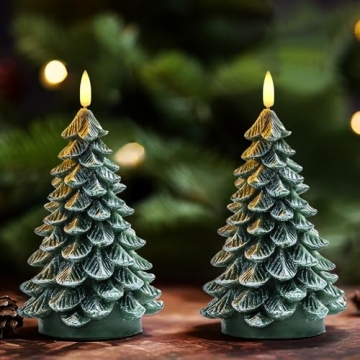 Homemory Christmas Tree Candles with 6 Hours Timer, 2 Pcs Waxy LED Flameless Candles Flickering, Gre...