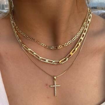 Cross Necklace for Women,Stackable Stacked Stacking Layering Layered Necklaces Dainty Gold Necklace Paperclip Box Flat Mariner Chain Necklace Cross Pendant CZ Diamond Simple Jewelry Gift