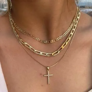 Cross Necklace for Women,Stackable Stacked Stacking Layering Layered Necklaces Dainty Gold Necklace Paperclip Box Flat Mariner Chain Necklace Cross Pendant CZ Diamond Simple Jewelry Gift