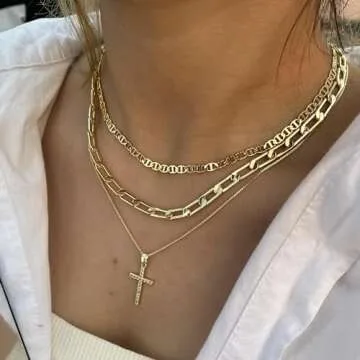 Cross Necklace for Women,Stackable Stacked Stacking Layering Layered Necklaces Dainty Gold Necklace Paperclip Box Flat Mariner Chain Necklace Cross Pendant CZ Diamond Simple Jewelry Gift