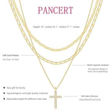 Cross Necklace for Women,Stackable Stacked Stacking Layering Layered Necklaces Dainty Gold Necklace Paperclip Box Flat Mariner Chain Necklace Cross Pendant CZ Diamond Simple Jewelry Gift