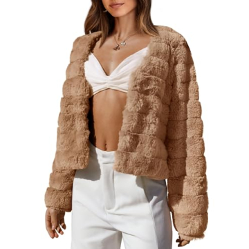 BTFBM Women's Faux Fur Cropped Short Jacket - Chic Fall Winter Essential - Solid Brown - Medium