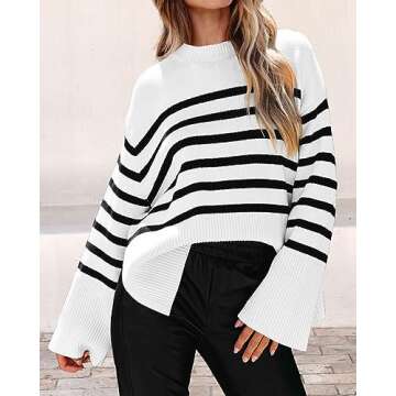 KIRUNDO Women's Striped Knit Oversized Fall Sweaters 2025 Trendy Clothes Crewneck Winter Pullover Sweater Side Split(White, Medium)