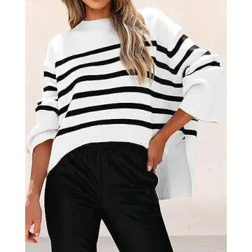 KIRUNDO Women's Striped Knit Oversized Fall Sweaters 2025 Trendy Clothes Crewneck Winter Pullover Sweater Side Split(White, Medium)