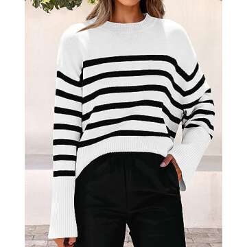 KIRUNDO Women's Striped Knit Oversized Fall Sweaters 2025 Trendy Clothes Crewneck Winter Pullover Sweater Side Split(White, Medium)