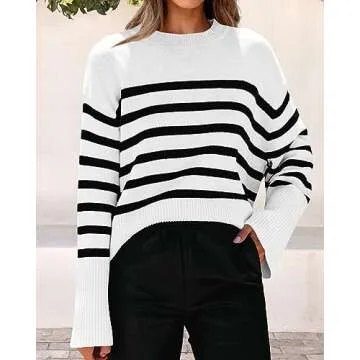 KIRUNDO Women's Striped Knit Oversized Fall Sweaters 2025 Trendy Clothes Crewneck Winter Pullover Sweater Side Split(White, Medium)