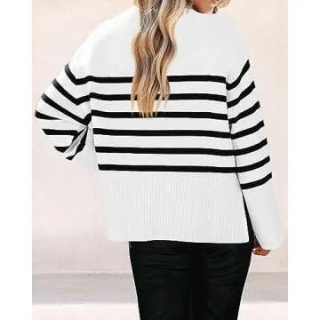 KIRUNDO Women's Striped Knit Oversized Fall Sweaters 2025 Trendy Clothes Crewneck Winter Pullover Sweater Side Split(White, Medium)
