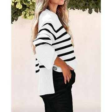 KIRUNDO Women's Striped Knit Oversized Fall Sweaters 2025 Trendy Clothes Crewneck Winter Pullover Sweater Side Split(White, Medium)