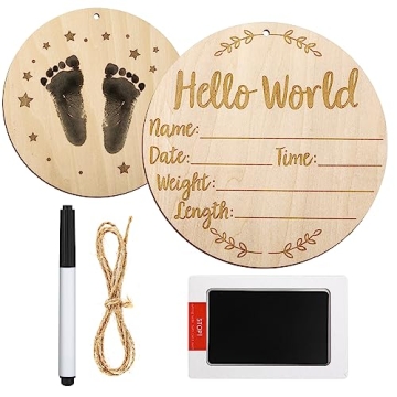 Wooden Baby Announcement Sign, 5.9 inch Baby Birth Announcement Sign with Ink Pad Markers Hello Worl...
