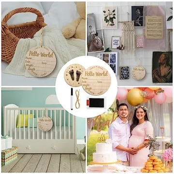 Wooden Baby Announcement Sign, 5.9 inch Baby Birth Announcement Sign with Ink Pad Markers Hello World Newborn Sign Baby Nursery Name Sign for Birthday Baby Showers Photo Props