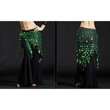 Lauthen.S Women Belly Dance Hip Scarf Sequins Mesh Triangle Wrap Skirt Waist Chain(Dark Green)