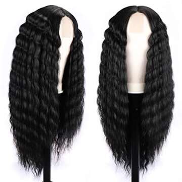 Halcyon Long Curly Wig for Black Women 26inch Synthetic Curly Wig Middle Part Wigs Hair Replacement Wigs (30, #/1B)