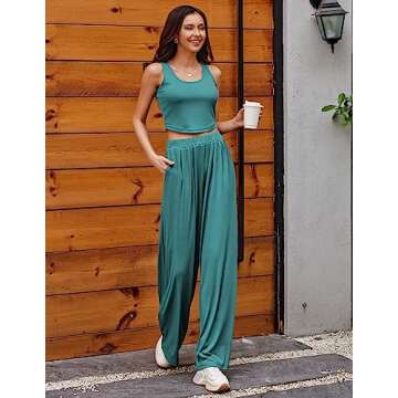 Ekouaer Women's Pajamas 2 Piece Lounge Set Ribbed Knit Loungewear Sleeveless Tank Top Wide Leg Pants,Dark Teal Green,M