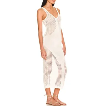 Bsubseach Women Knitted Bikini Swimwear Cover Up Sleeveless Crochet Beach Dress Summer Resort Wear White