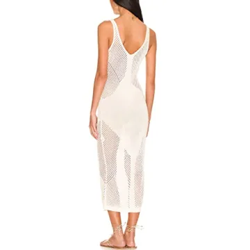Bsubseach Women Knitted Bikini Swimwear Cover Up Sleeveless Crochet Beach Dress Summer Resort Wear White