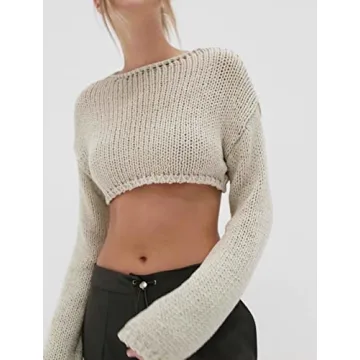 Women Y2K Knitted Crop Tops Color Block Patchwork Sweaters Long Sleeve Crochet Coverup Trendy Autumn Streetwear