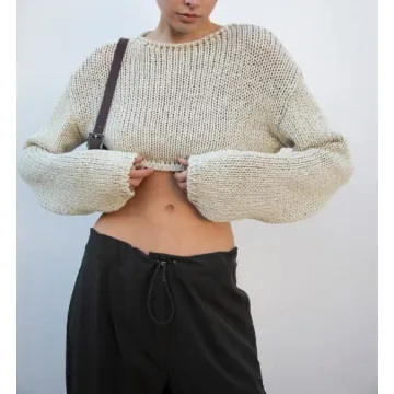 Women Y2K Knitted Crop Tops Color Block Patchwork Sweaters Long Sleeve Crochet Coverup Trendy Autumn Streetwear