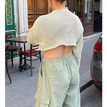 Women Y2K Knitted Crop Tops Color Block Patchwork Sweaters Long Sleeve Crochet Coverup Trendy Autumn Streetwear