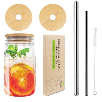 Mason Jar Lids with Straw Hole - Eco-Friendly Bamboo Set with Stainless Steel Straws