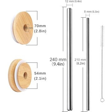 Eco Bamboo Mason Jar Lids with Straw Hole and Steel Straws