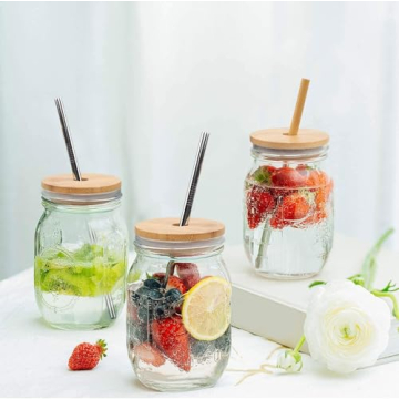 Eco Bamboo Mason Jar Lids with Straw Hole and Steel Straws