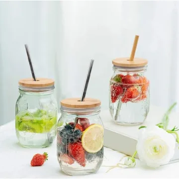 Eco Bamboo Mason Jar Lids with Straw Hole and Steel Straws