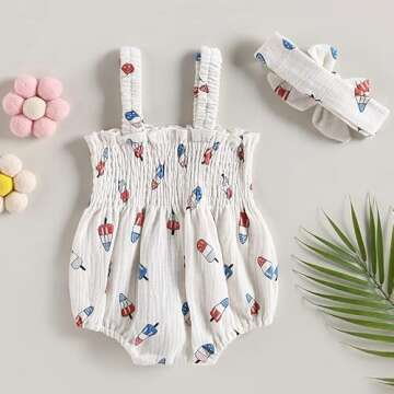 Amnnchya Baby Girl 4th of July Outfit Ice Cream Sleeveless Fourth of July Romper Newborn Independence Day Clothes (White,0-3 Months)