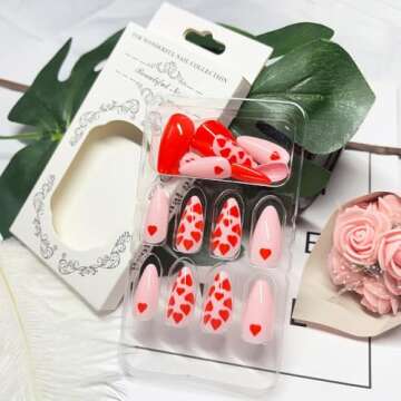 KOLONAMS Valentine's Day Pink Press on Nails Medium Almond Fake Nails Glossy Acrylic Nails with Red Heart Pattern Design Nails Glue on Nails Artificial False Nails 24 pcs