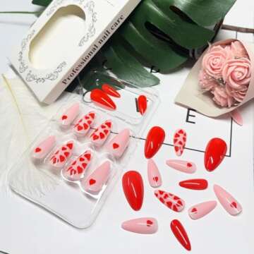 KOLONAMS Valentine's Day Pink Press on Nails Medium Almond Fake Nails Glossy Acrylic Nails with Red Heart Pattern Design Nails Glue on Nails Artificial False Nails 24 pcs