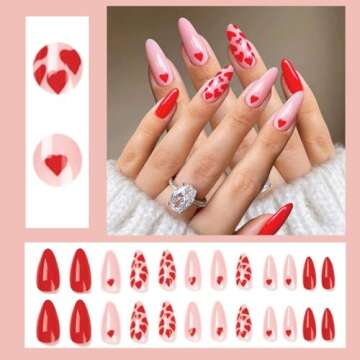 KOLONAMS Valentine's Day Pink Press on Nails Medium Almond Fake Nails Glossy Acrylic Nails with Red Heart Pattern Design Nails Glue on Nails Artificial False Nails 24 pcs