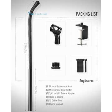 24-INCHS Flexible Gooseneck Microphone Stand with Heavy Duty Desk Clamp for Podcast, Meetings, Lectu...